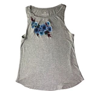 American Eagle Outfitters Gray Sleeveless Tank Top with Blue Floral Design